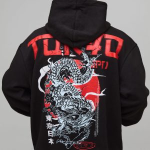 Black Oversized Tokyo Spine Dragon Printed Hoodie