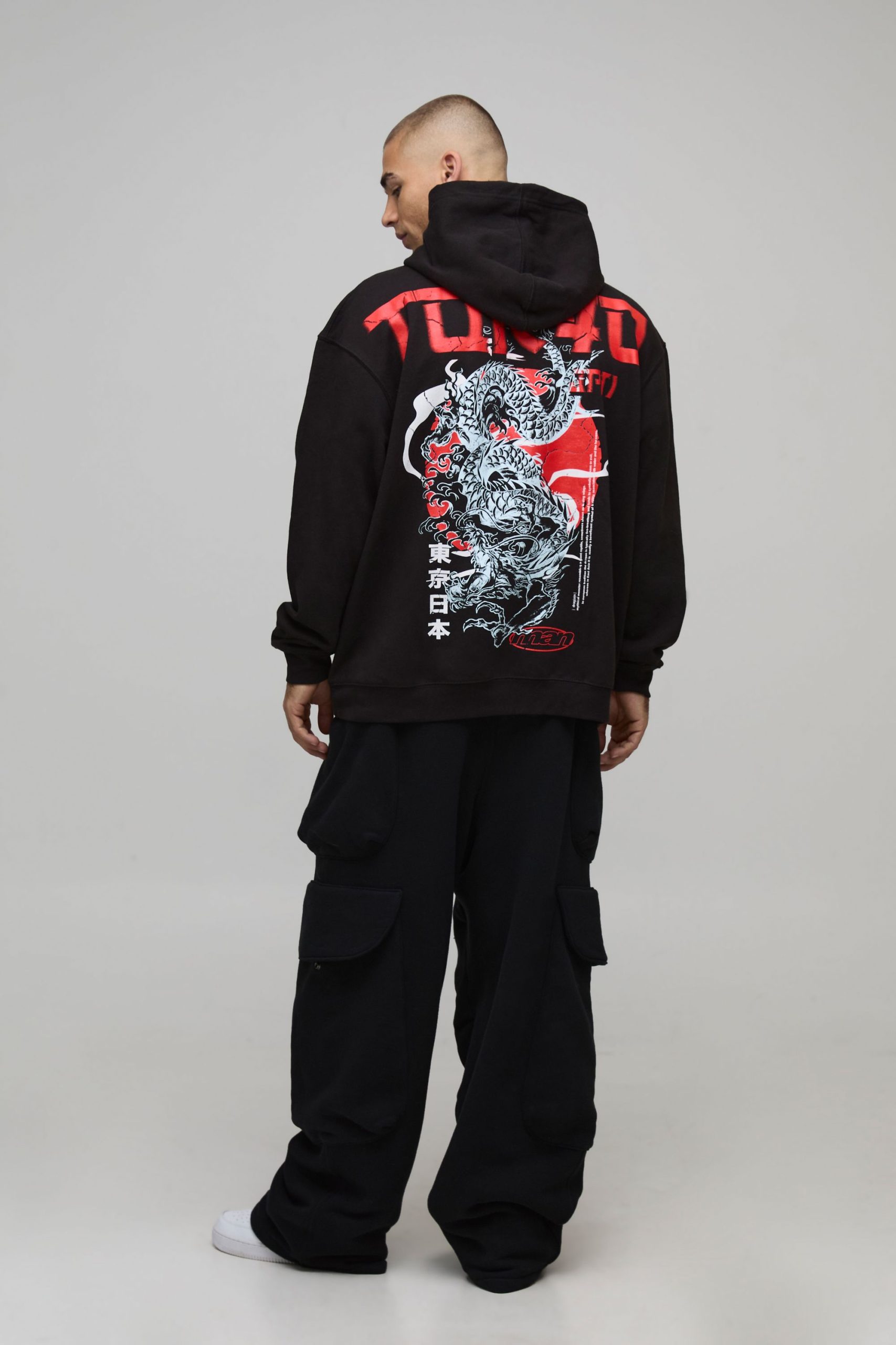 Black Oversized Tokyo Spine Dragon Printed Hoodie - Image 2