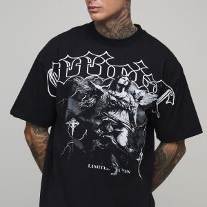 Tall Black Oversized Boxy Heavyweight Angel Printed T-Shirt