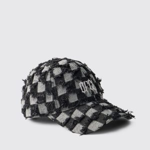 Denim Distressed Checkerboard Embroidered Cap