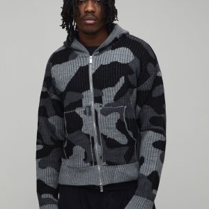 Tall Boxy Fit Ribbed Camo Jacquard Knitted Zip Through Hoodie