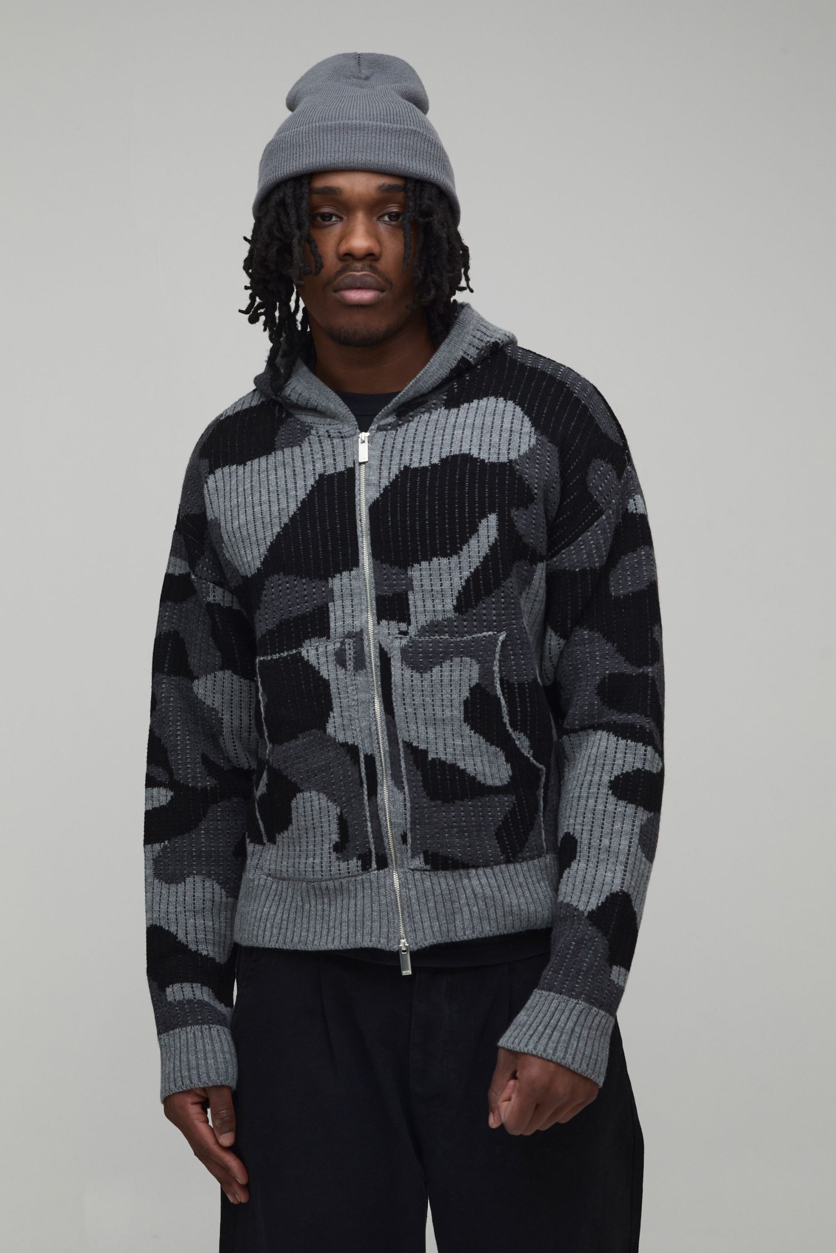 Tall Boxy Fit Ribbed Camo Jacquard Knitted Zip Through Hoodie
