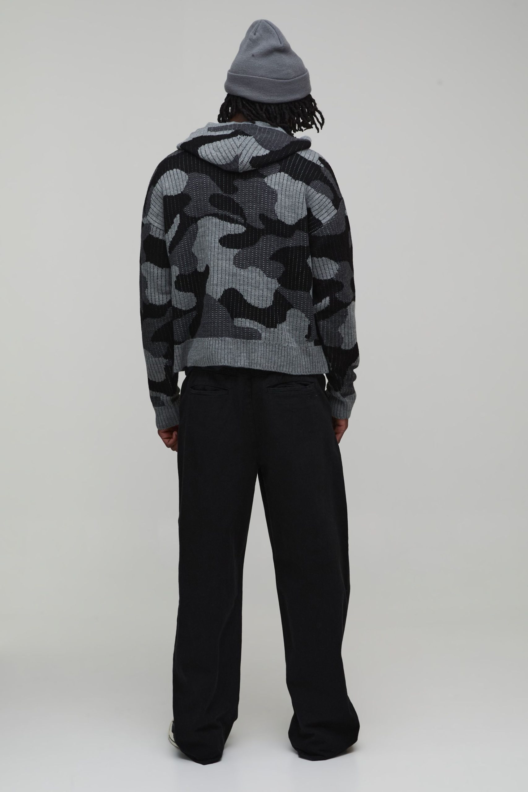 Tall Boxy Fit Ribbed Camo Jacquard Knitted Zip Through Hoodie - Image 2
