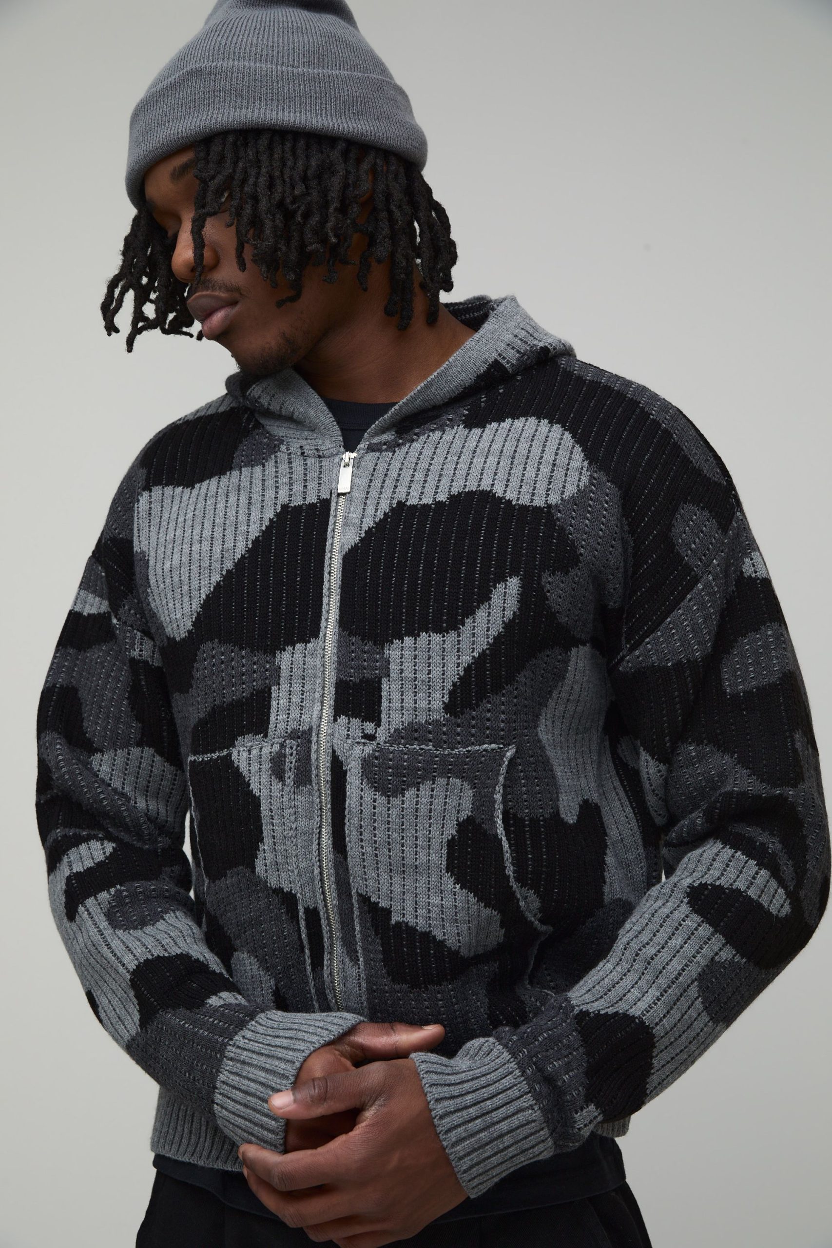 Tall Boxy Fit Ribbed Camo Jacquard Knitted Zip Through Hoodie - Image 3