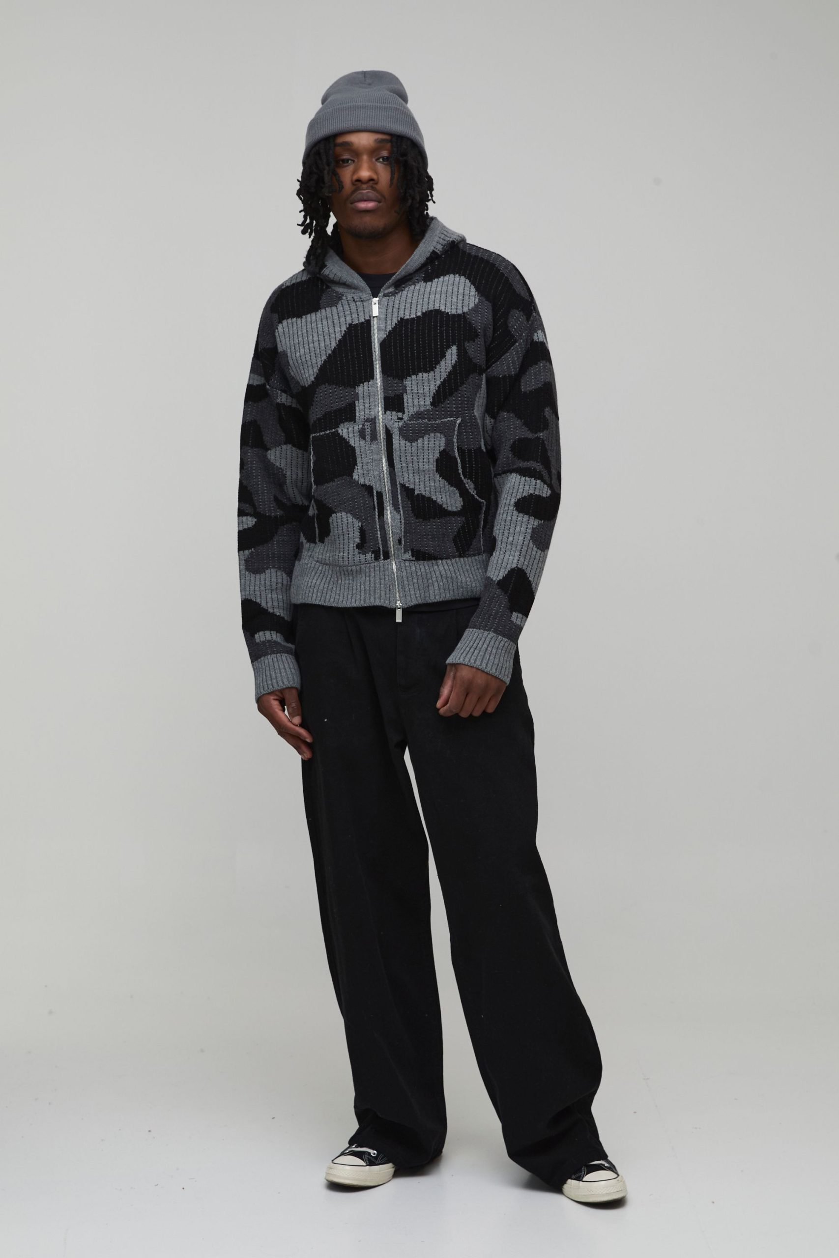 Tall Boxy Fit Ribbed Camo Jacquard Knitted Zip Through Hoodie - Image 4