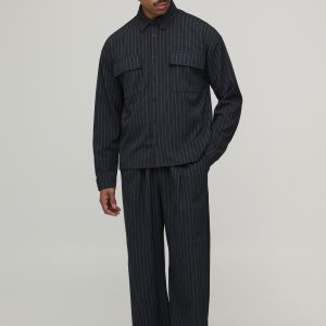 Pinstripe Oversized Shirt & Wide Leg Pleat Front Trouser Set
