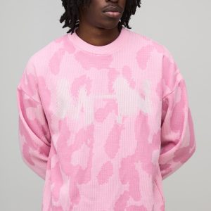 Oversized Boxy Ribbed Camo Graphic Knitted Jumper