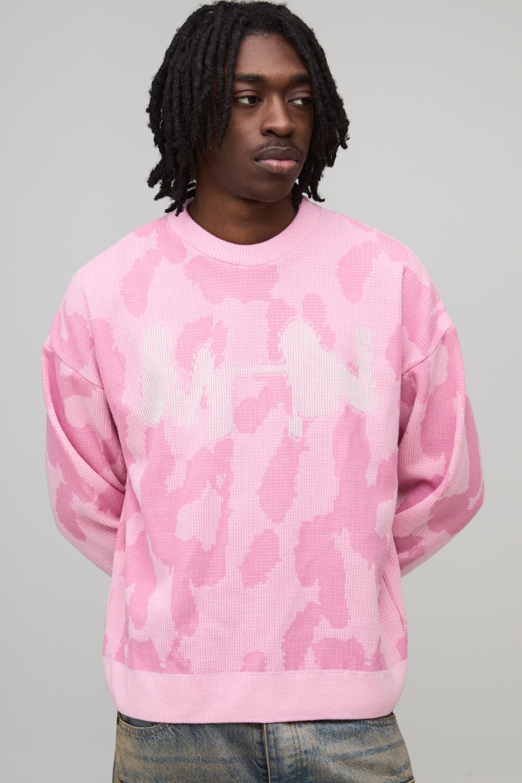 Oversized Boxy Ribbed Camo Graphic Knitted Jumper