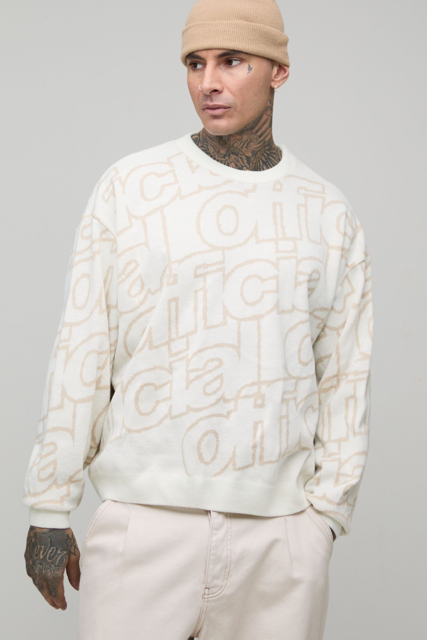 Tall Oversized Branded Jacquard Knitted Jumper