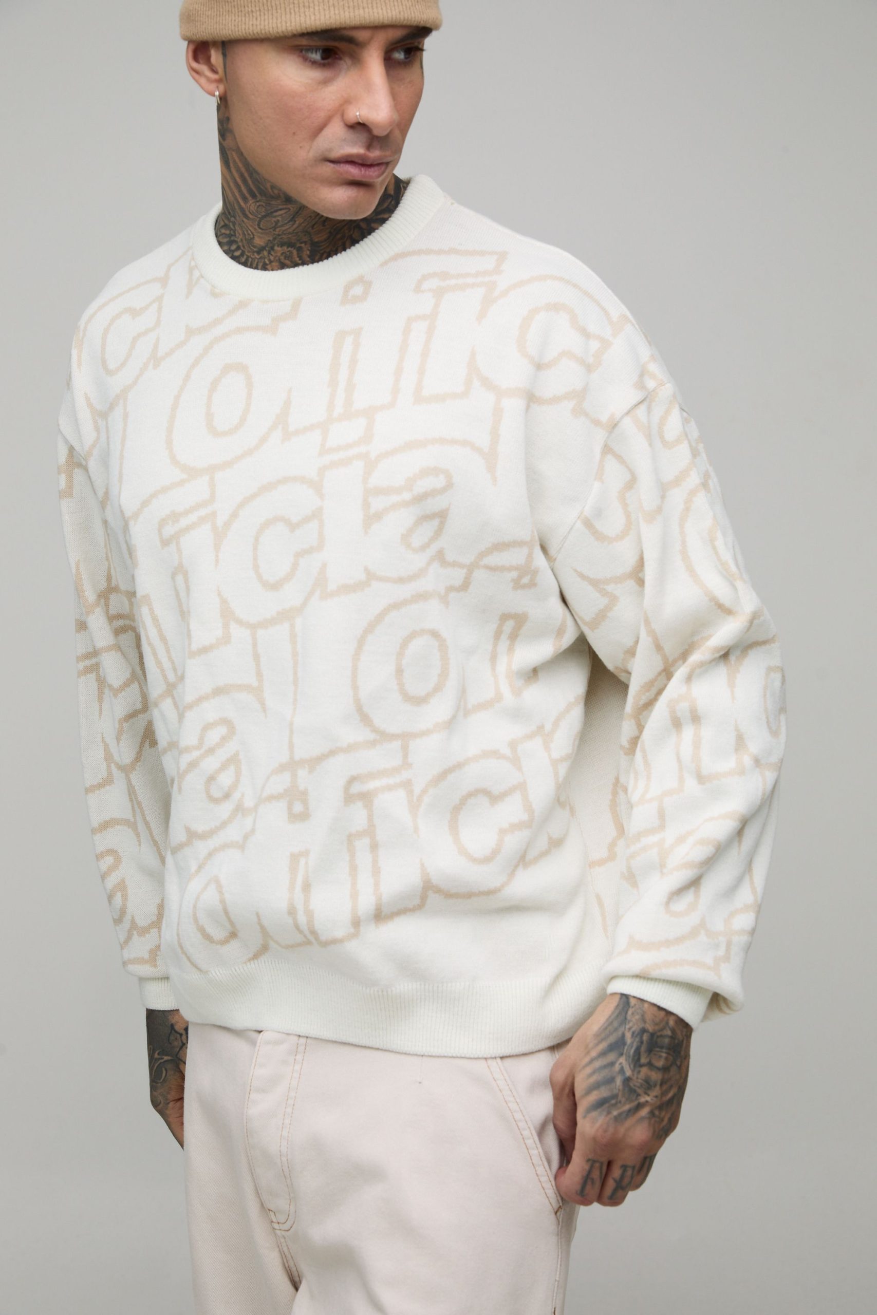 Tall Oversized Branded Jacquard Knitted Jumper - Image 3