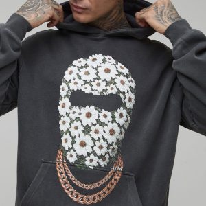 Tall Oversized Man Daisy Ski Mask Washed Printed Hoodie