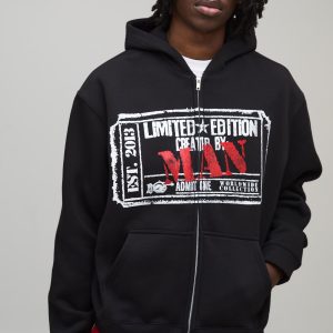 Black Oversized Boxy Heavyweight Graphic Zip Through Hoodie