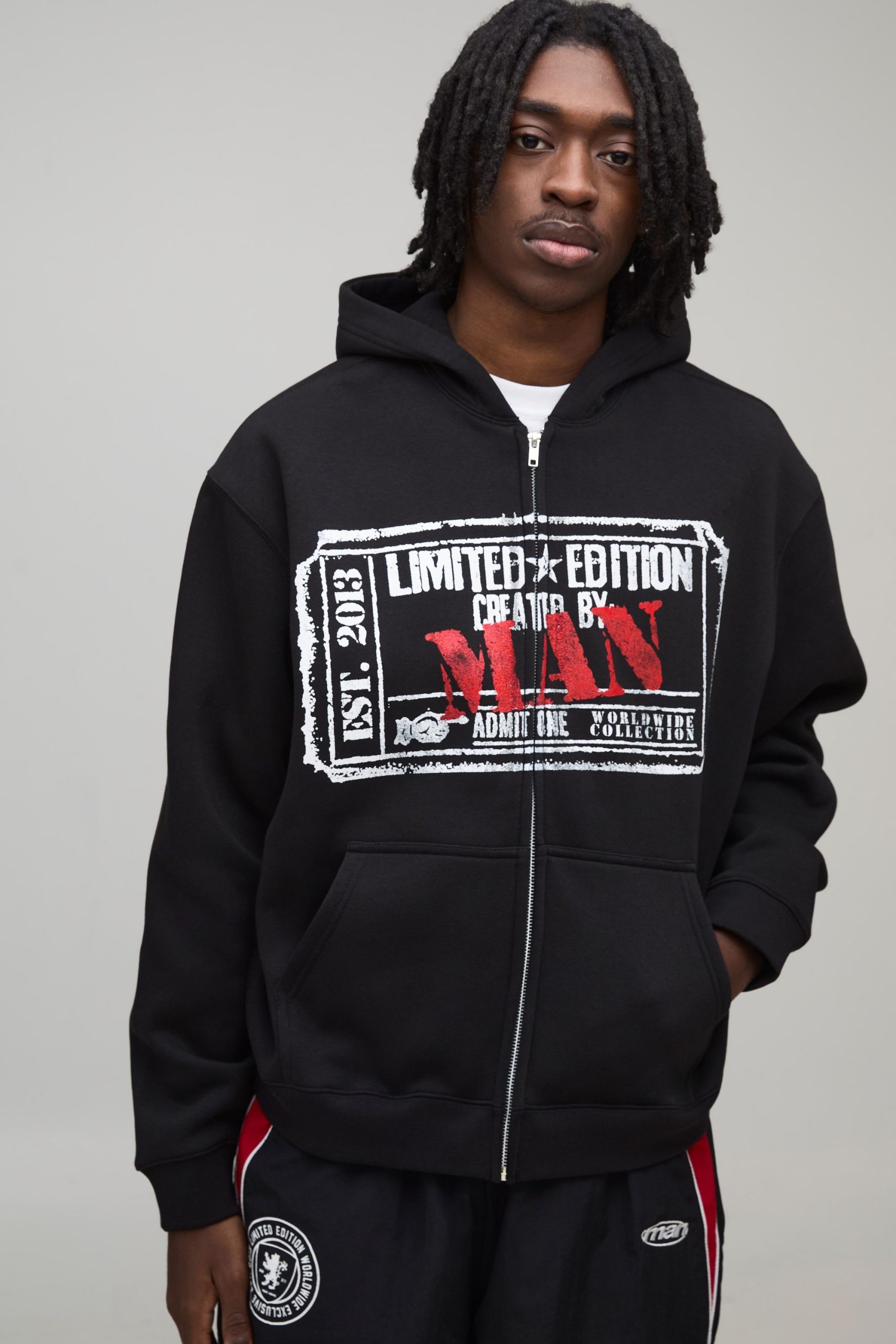 Black Oversized Boxy Heavyweight Graphic Zip Through Hoodie