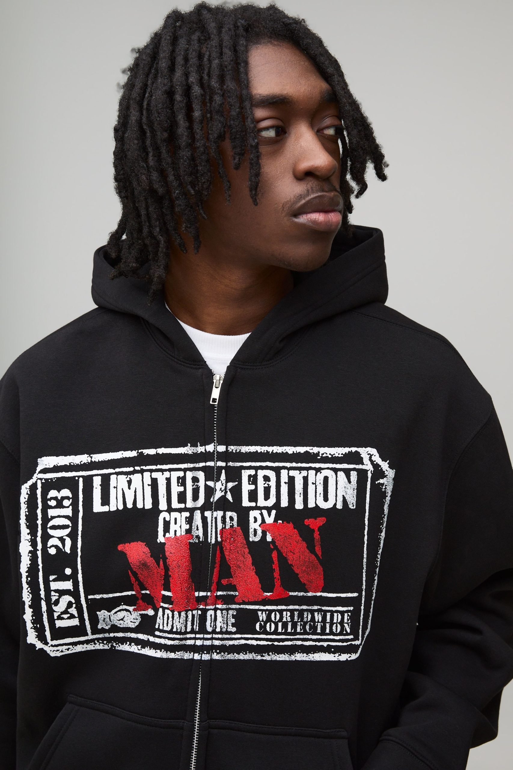 Black Oversized Boxy Heavyweight Graphic Zip Through Hoodie - Image 3