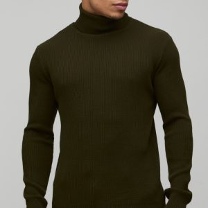 Muscle Fit Ribbed Roll Neck Knitted Jumper