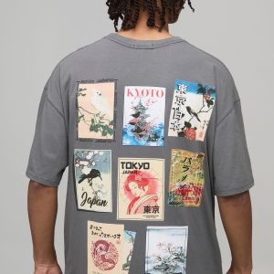 Vintage Wash Charcoal Oversized Tokyo Postcard Print T-Shirt