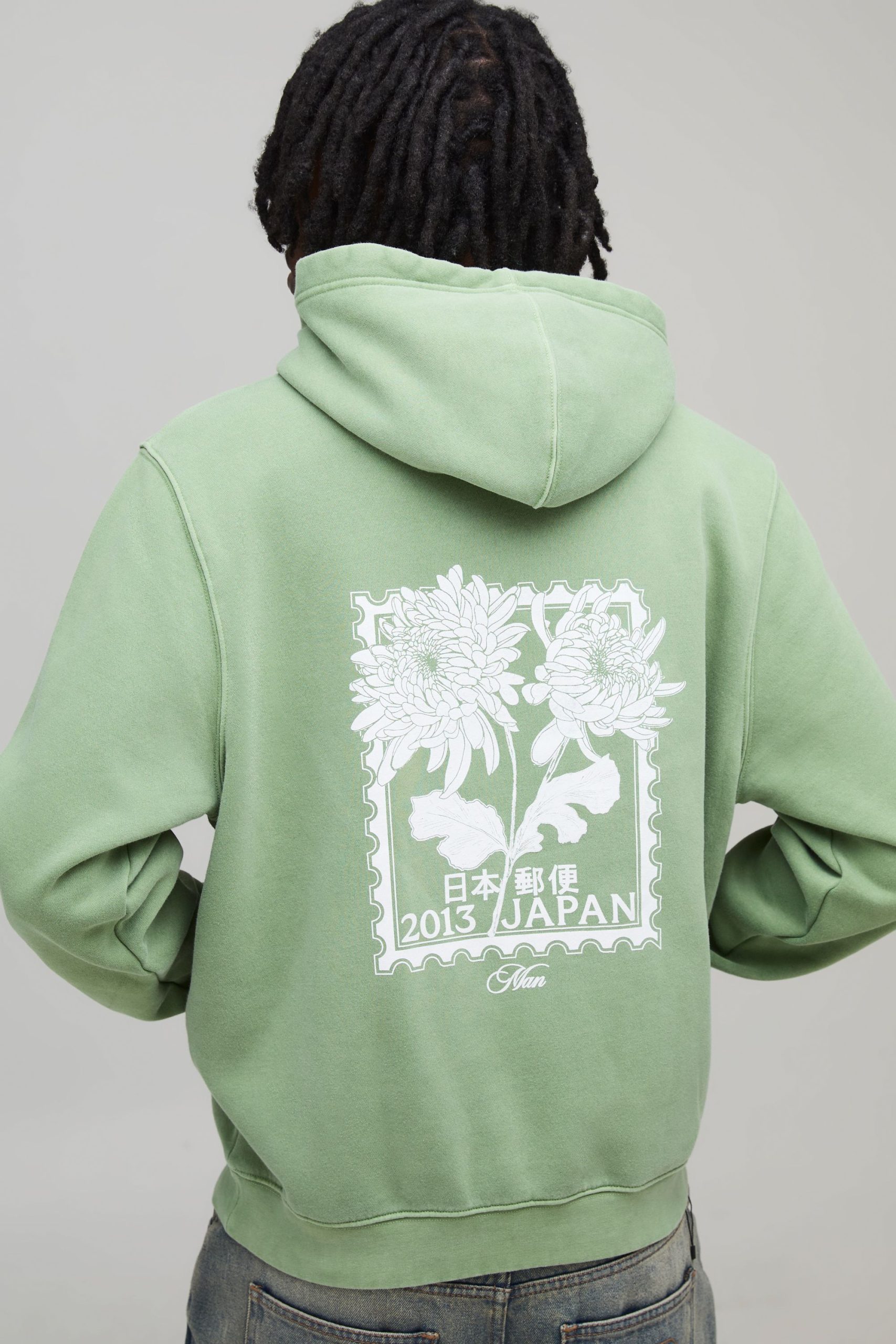 Washed Green Relaxed Floral Japan Print Hoodie