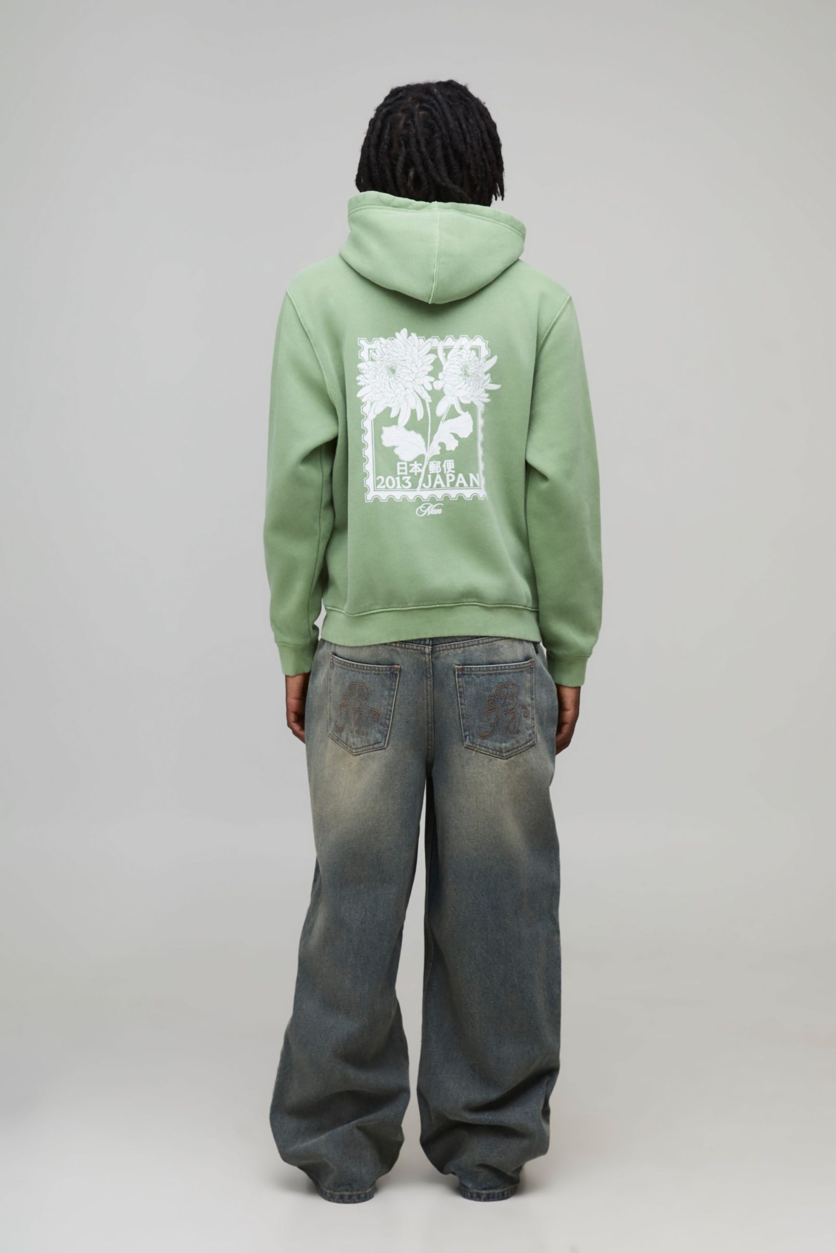 Washed Green Relaxed Floral Japan Print Hoodie - Image 2