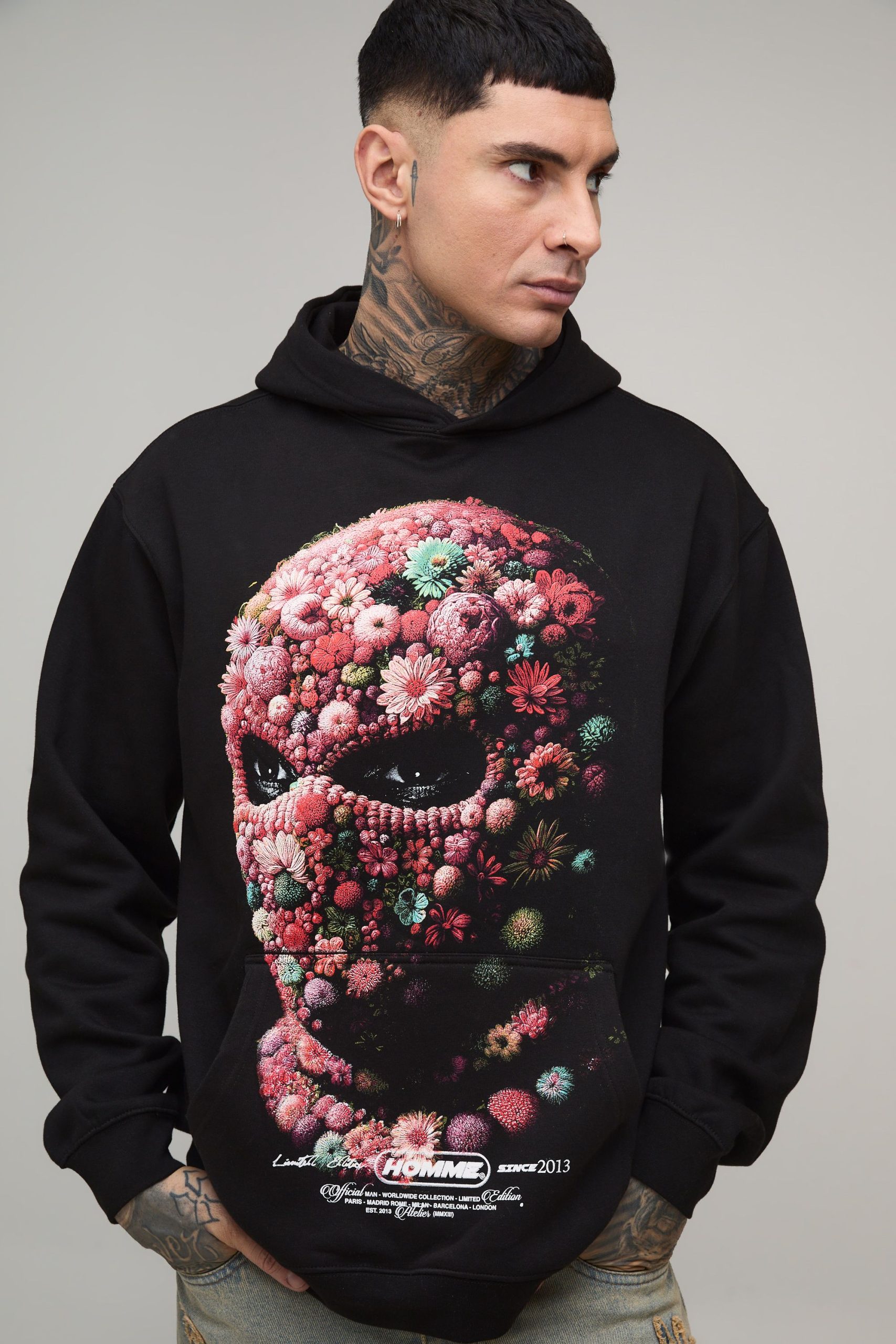 Tall Oversized Floral Mask Printed Hoodie