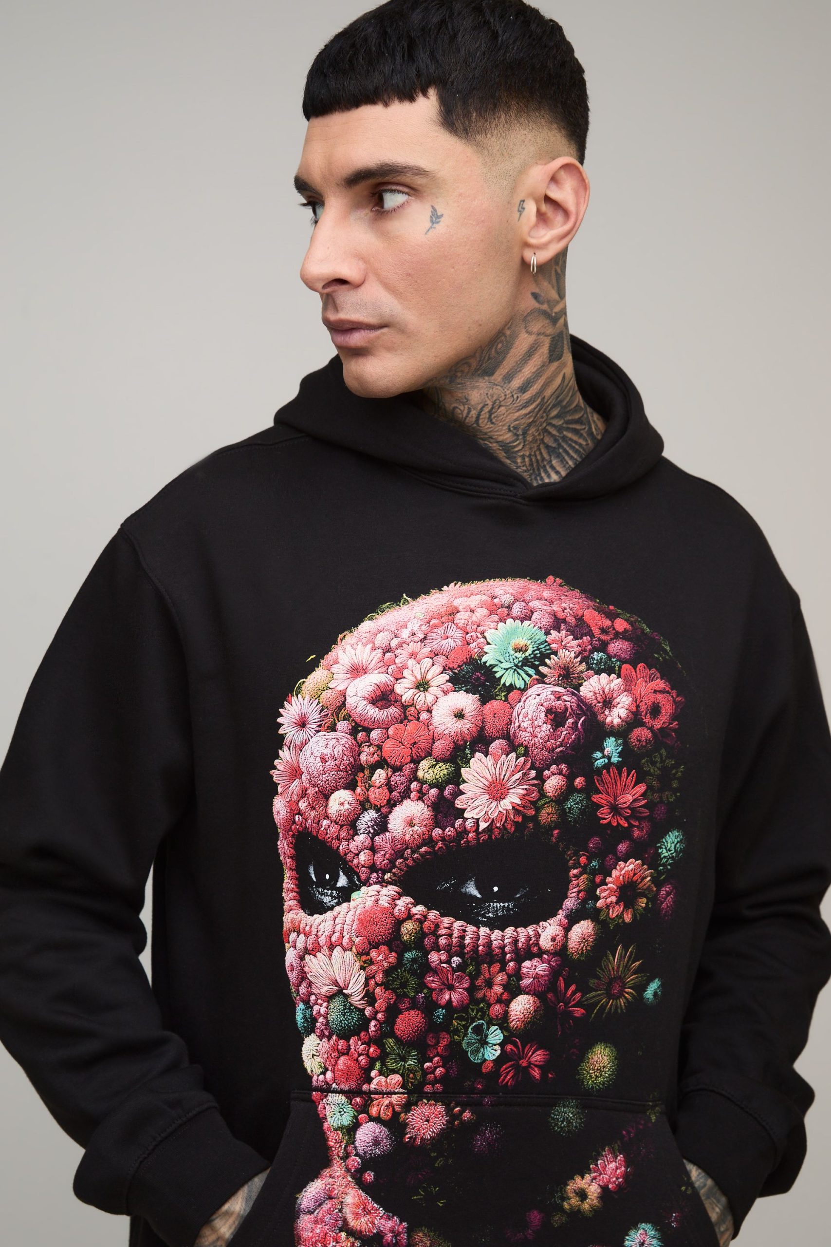 Tall Oversized Floral Mask Printed Hoodie - Image 3
