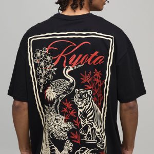 Black Oversized Kyoto Postcard Large Scale Print T-Shirt