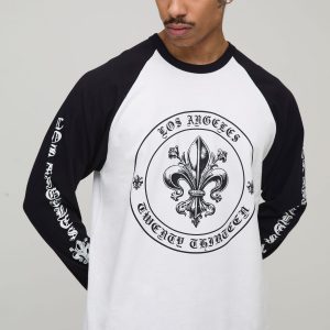White Regular Emblem Print Contrast Raglan Long Sleeve T-Shirt