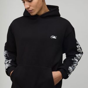Black Oversized Floral Puff Print Hoodie
