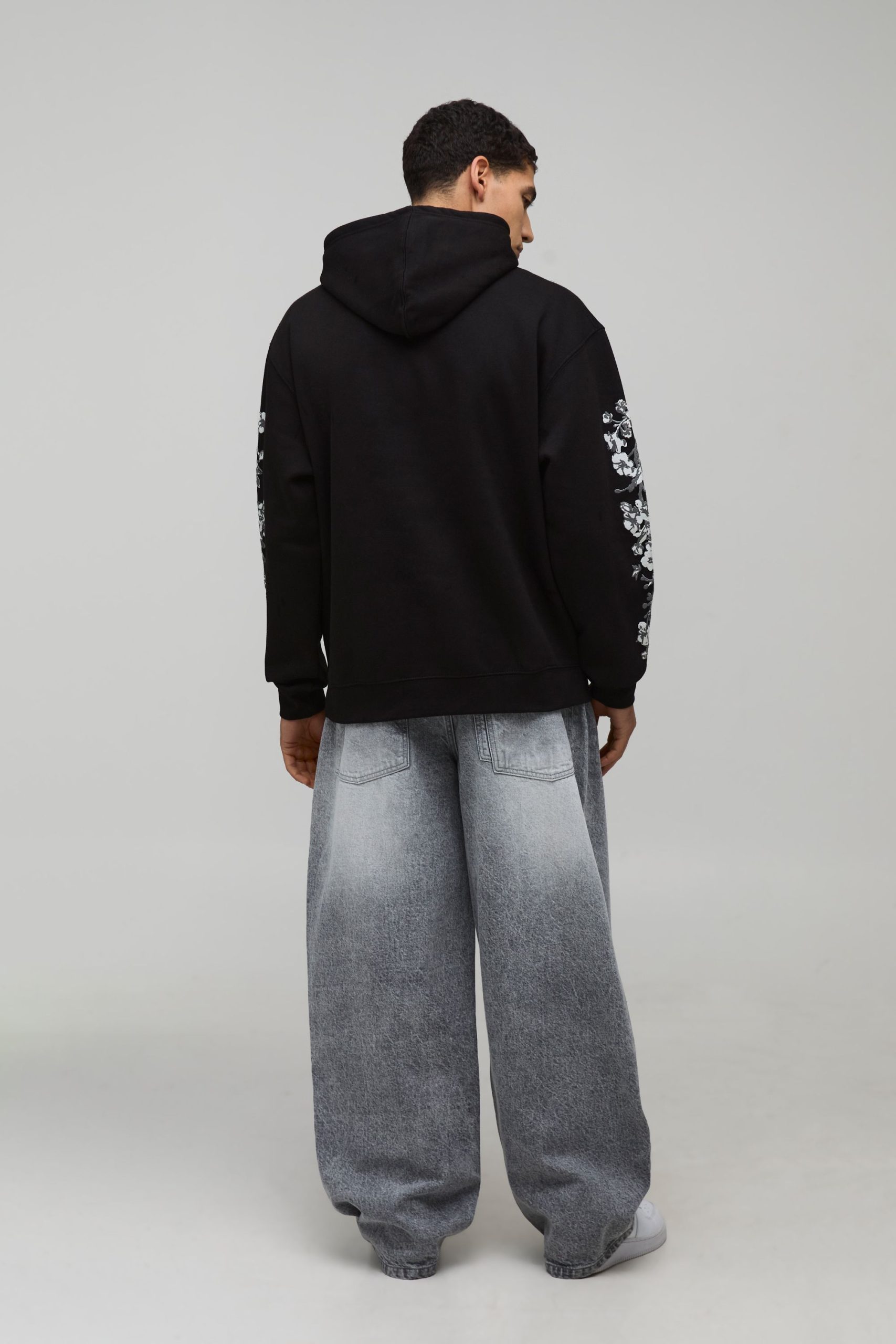 Black Oversized Floral Puff Print Hoodie - Image 2