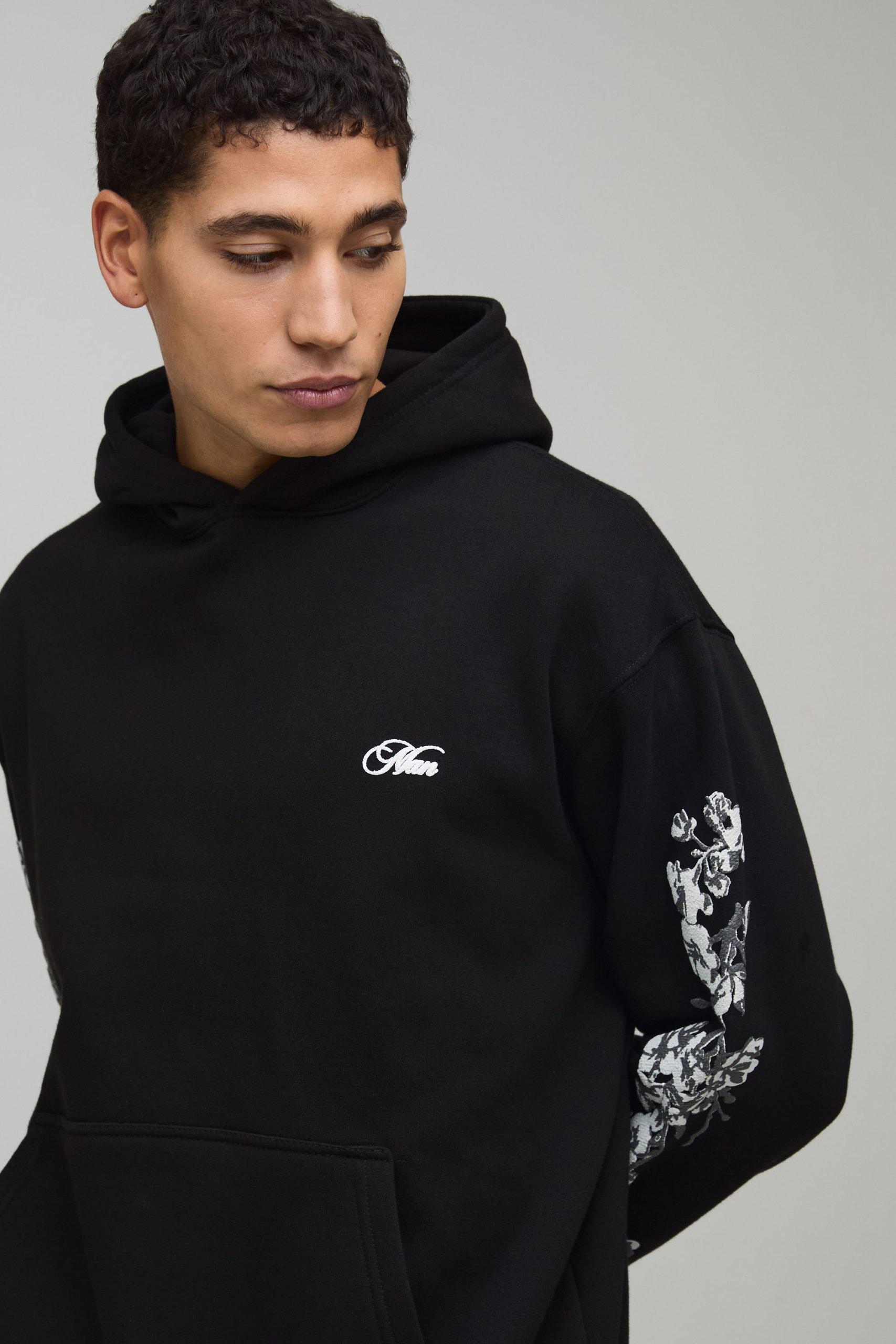 Black Oversized Floral Puff Print Hoodie - Image 3