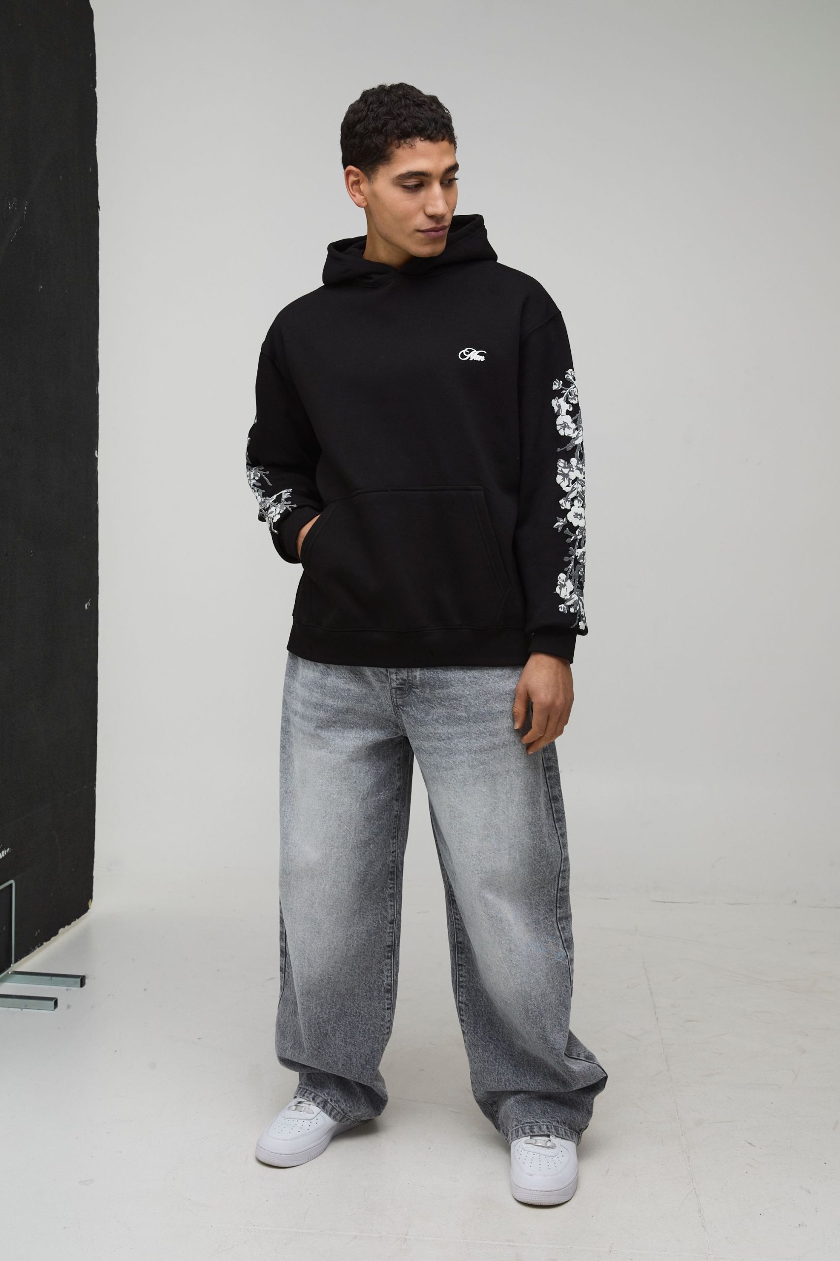 Black Oversized Floral Puff Print Hoodie - Image 4