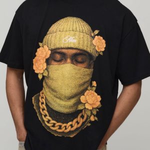 Black Oversized Floral Ski Mask Print  T-Shirt