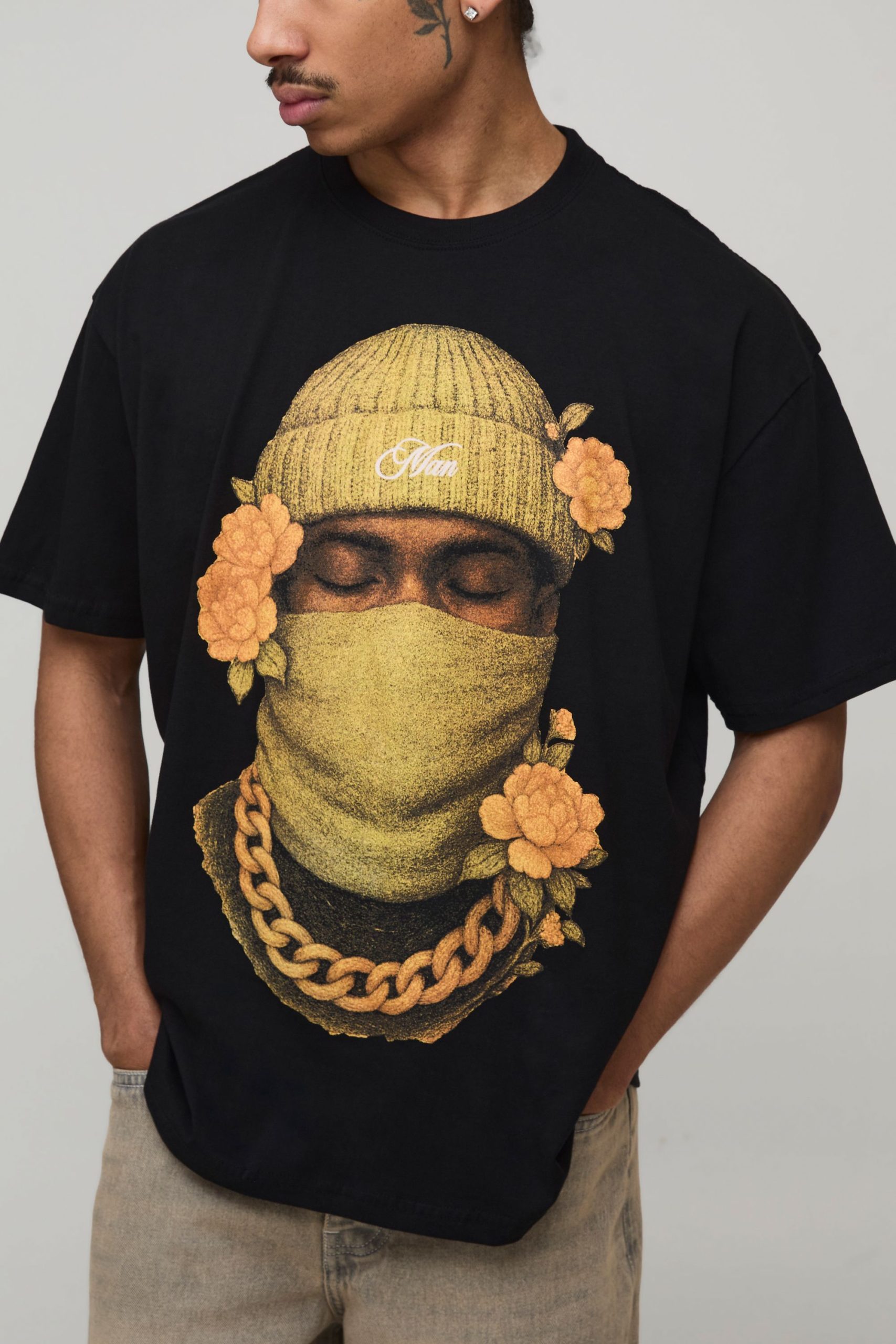 Black Oversized Floral Ski Mask Print T-Shirt