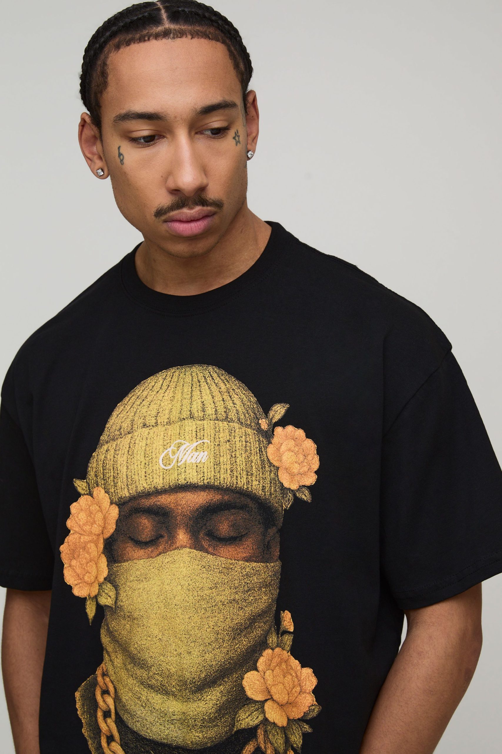 Black Oversized Floral Ski Mask Print T-Shirt - Image 3