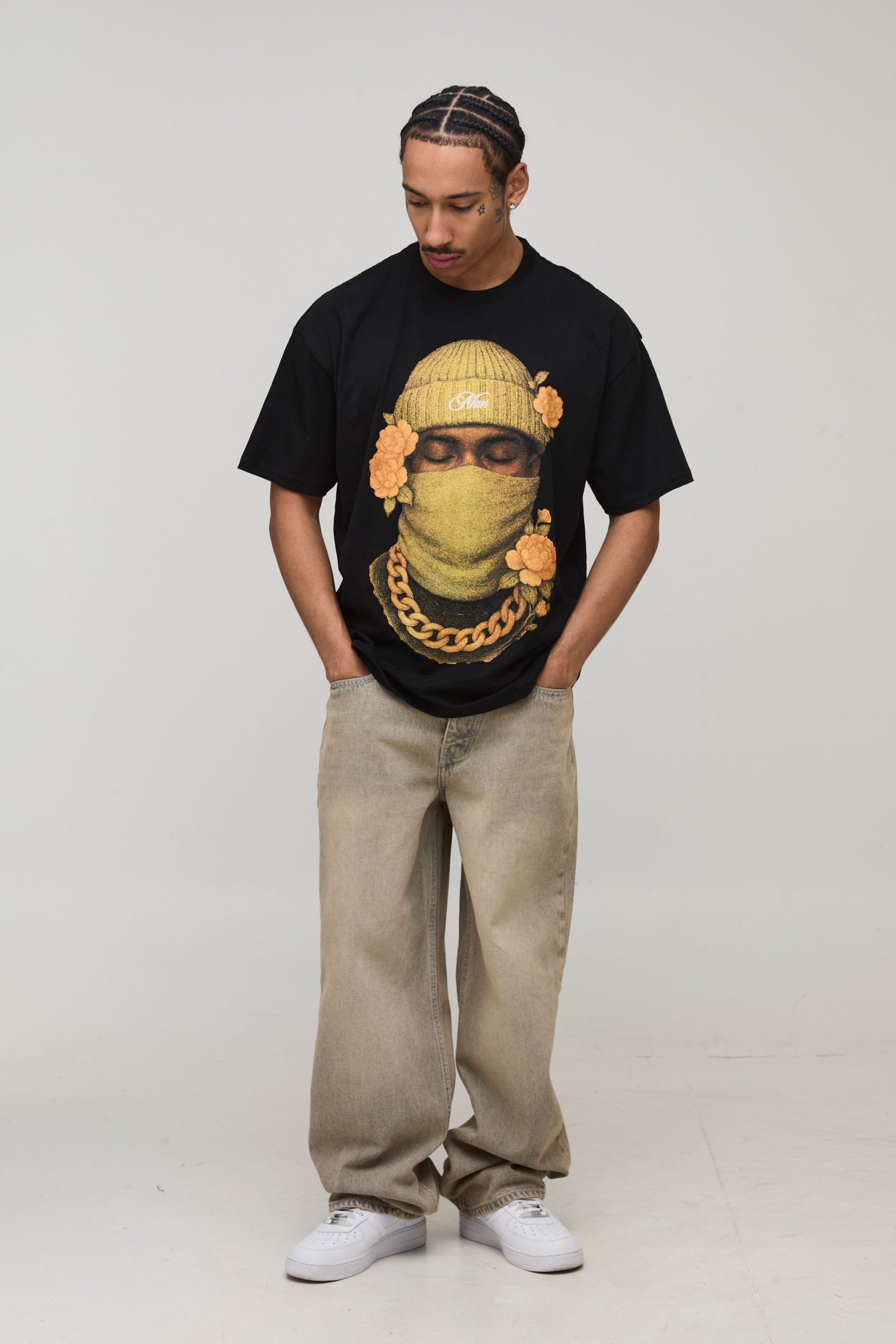 Black Oversized Floral Ski Mask Print T-Shirt - Image 4