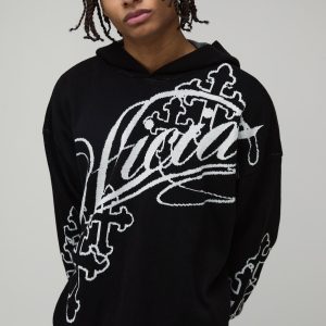 Oversized Cross Jacquard Knitted Hoodie