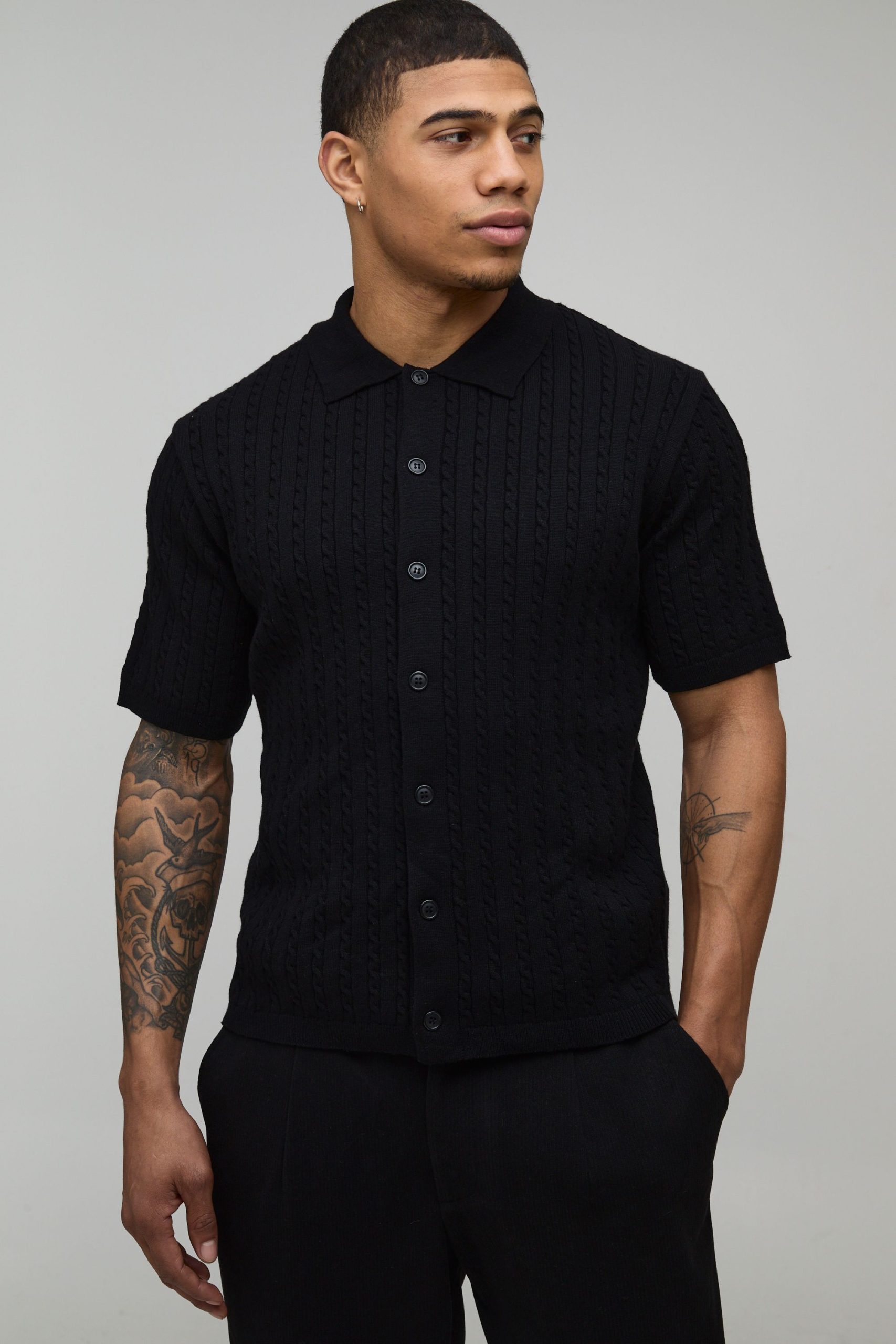 Boxy Fit Soft Touch Short Sleeve Cable Knitted Shirt