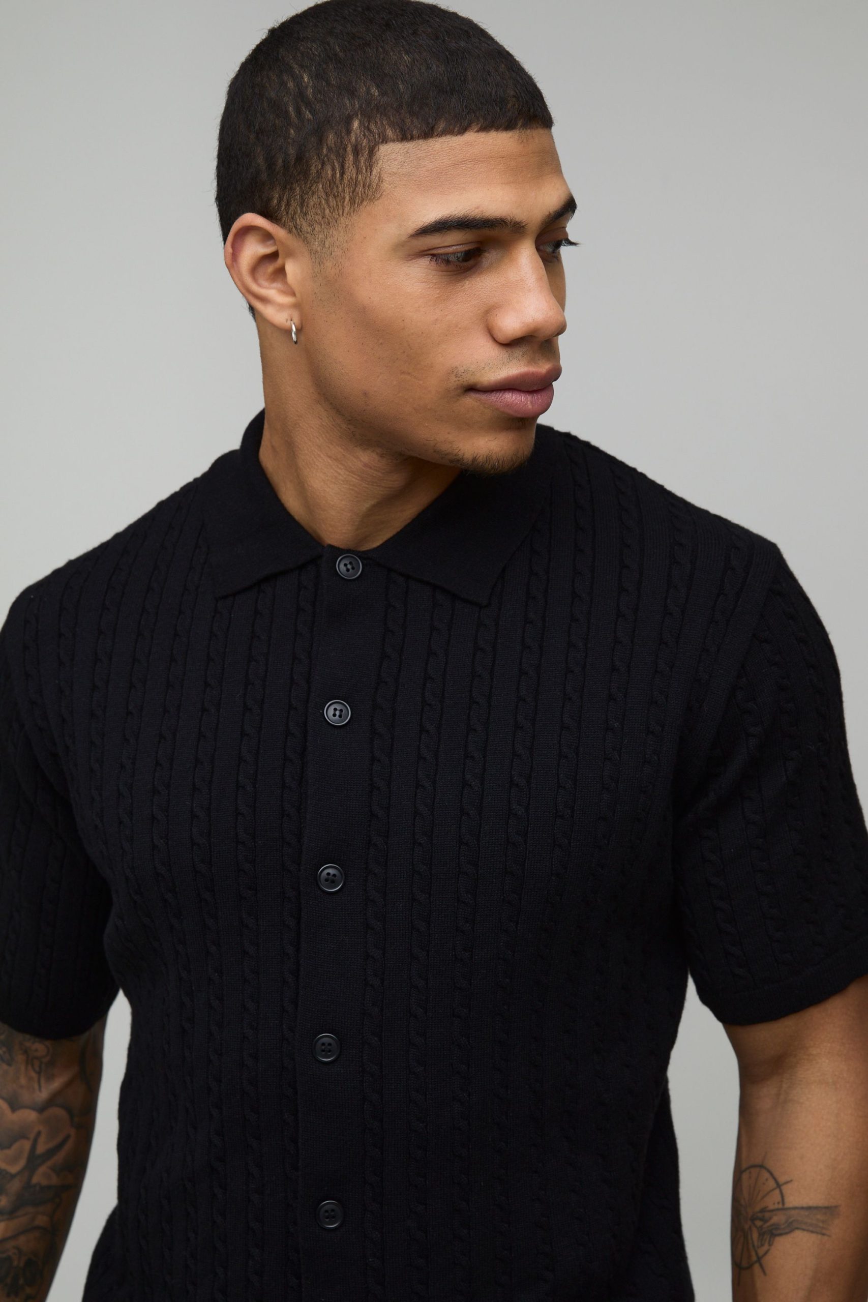 Boxy Fit Soft Touch Short Sleeve Cable Knitted Shirt - Image 3