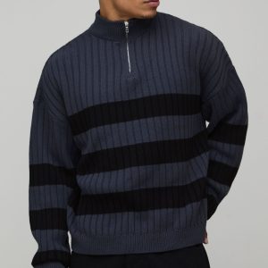 Relaxed Boxy Ribbed Knitted 1/4 Zip Jumper