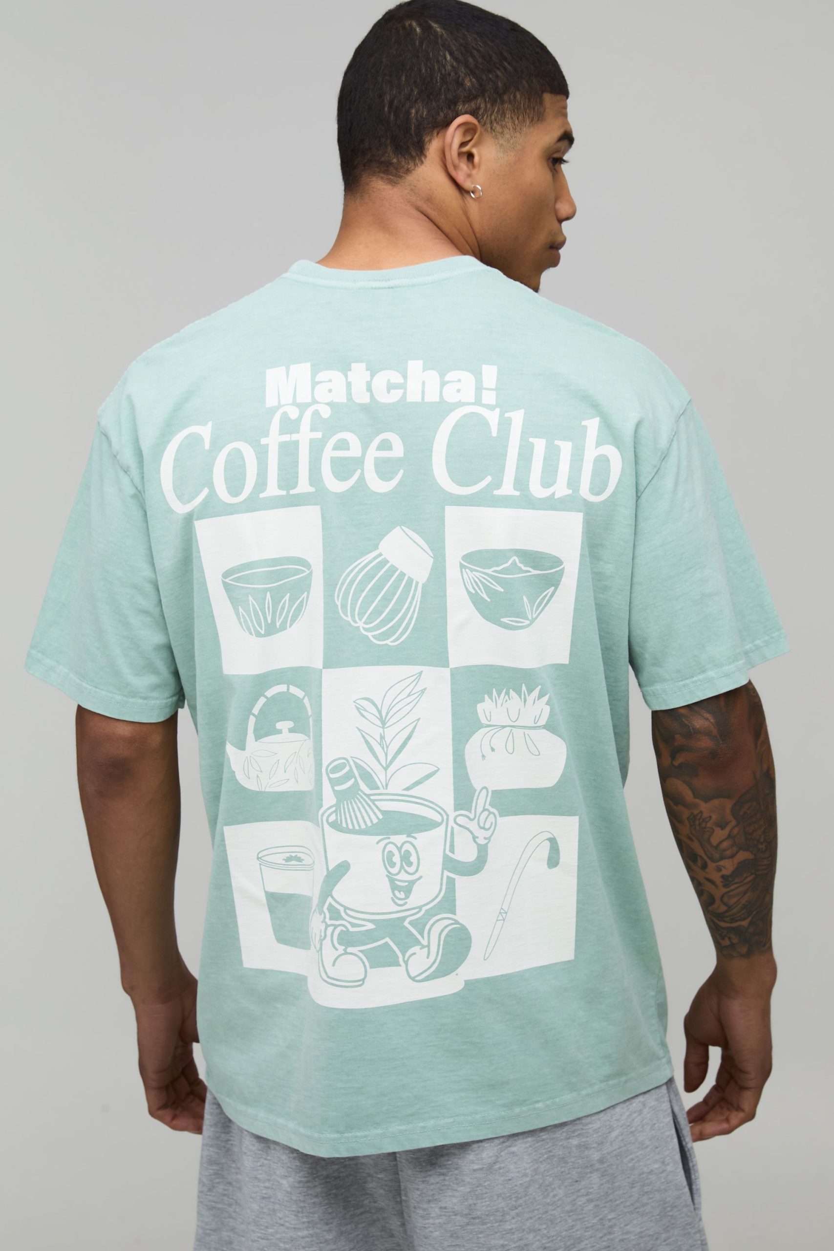 Vintage Wash Green Oversized Matcha Club Print T-Shirt