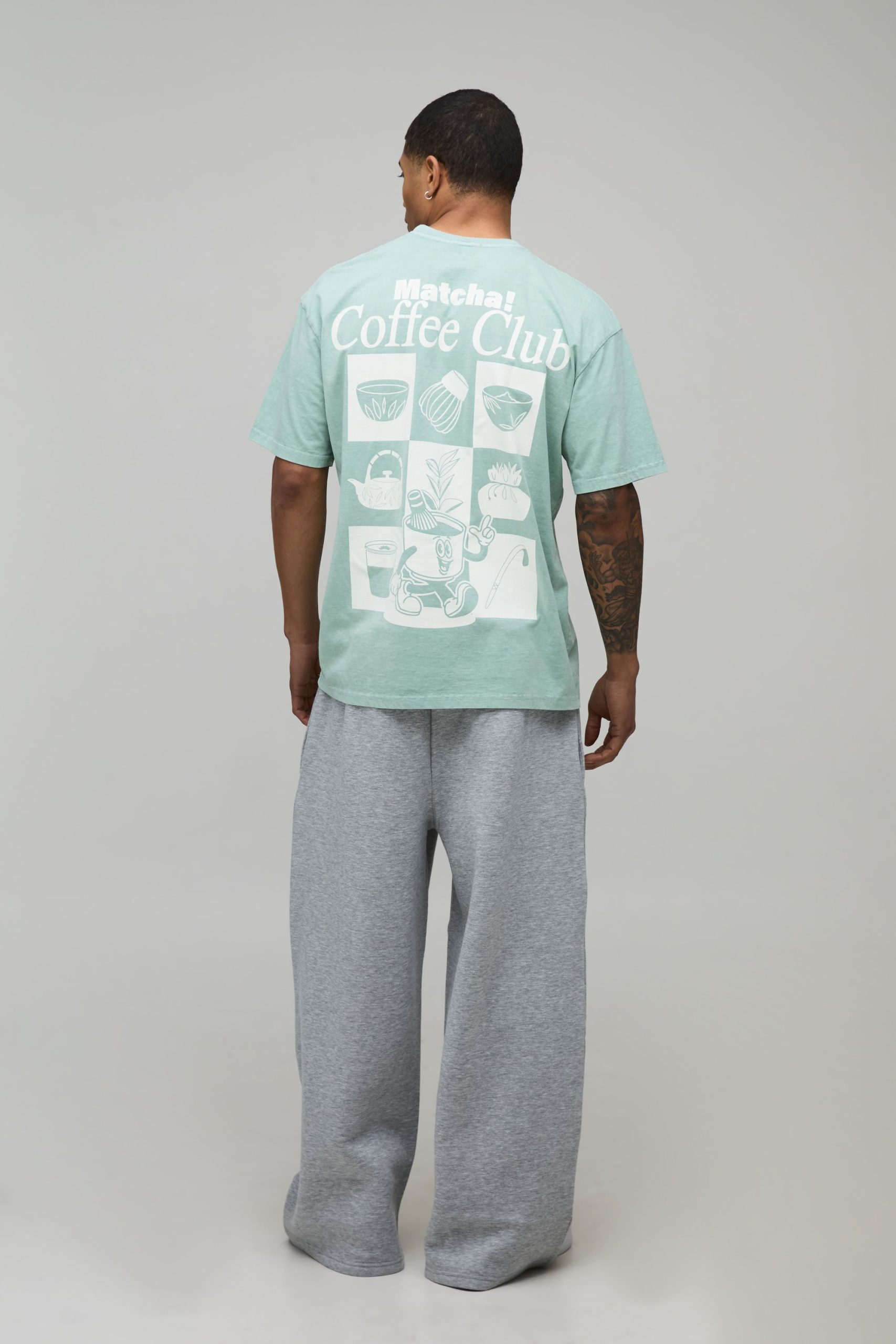 Vintage Wash Green Oversized Matcha Club Print T-Shirt - Image 2