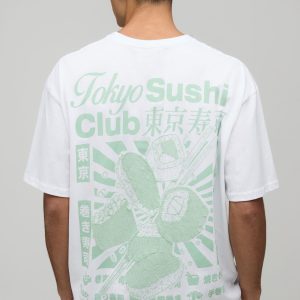White Oversized Sushi Club Print T-Shirt