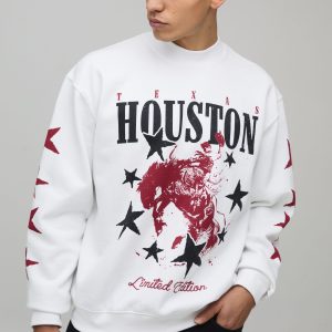 White Oversized Boxy Houston Print Extended Neck Sweatshirt