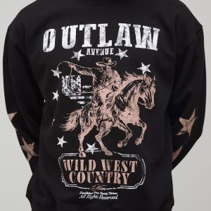 Black Oversized Boxy Wild West Print Extended Neck Sweatshirt