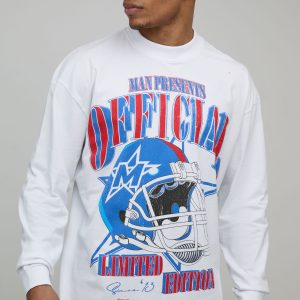Oversized Extended Neck American Football Printed Long Sleeve T-Shirt