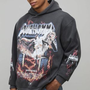Oversized Gothic Flame Printed Washed Hoodie