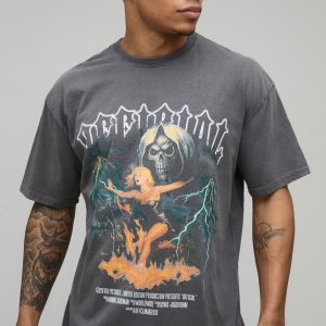 Relaxed Gothic Skull Printed Washed T-Shirt