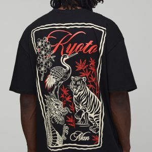 Tall Black Oversized Kyoto Postcard Large Scale Print T-Shirt