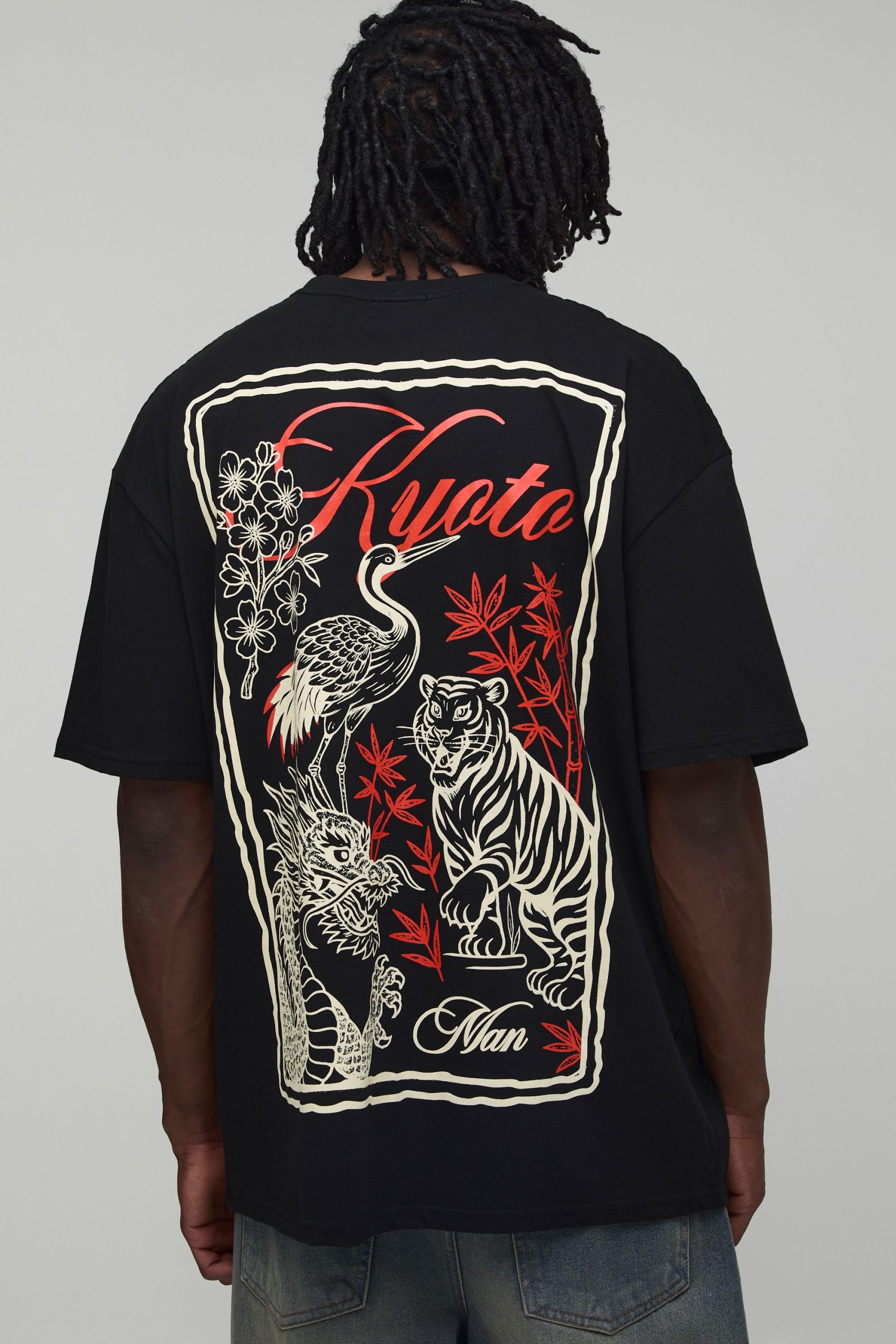 Tall Black Oversized Kyoto Postcard Large Scale Print T-Shirt