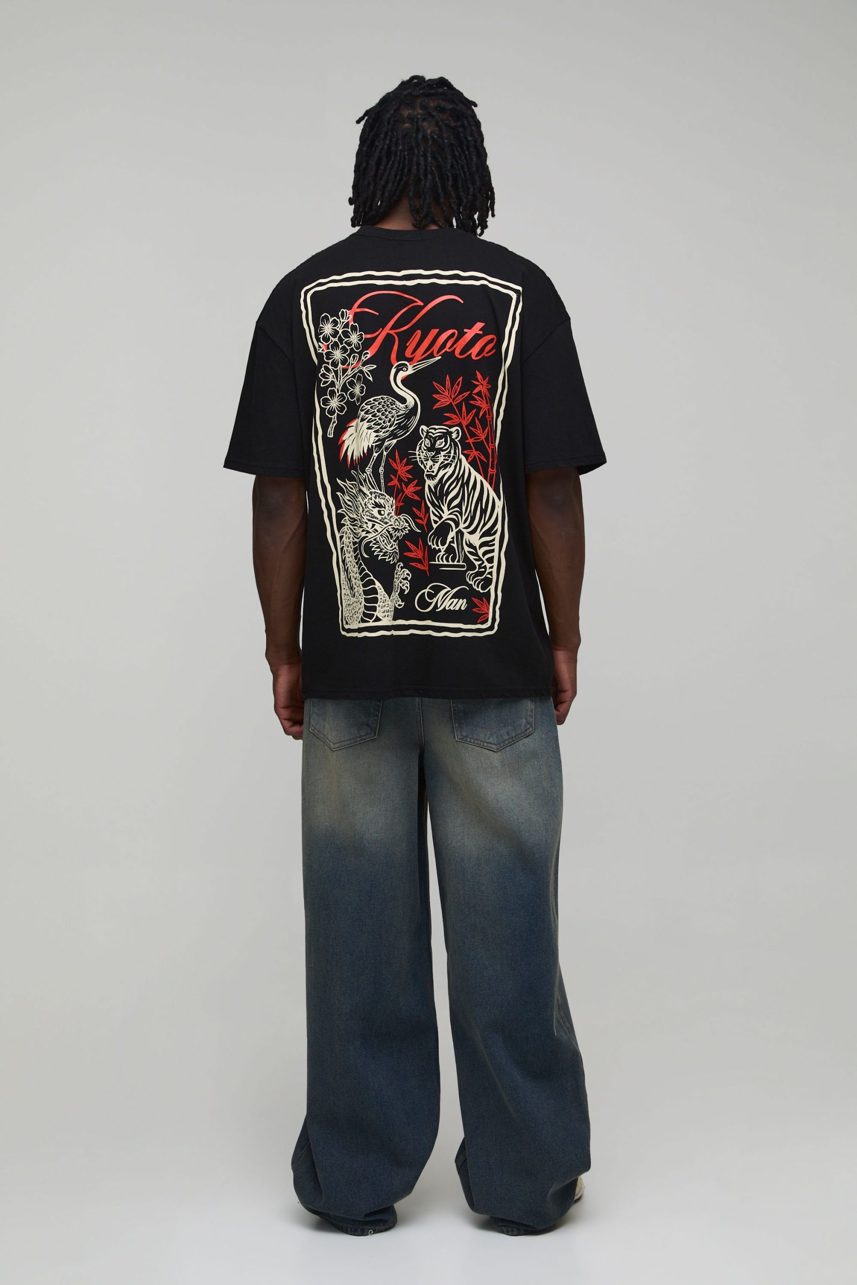 Tall Black Oversized Kyoto Postcard Large Scale Print T-Shirt - Image 2