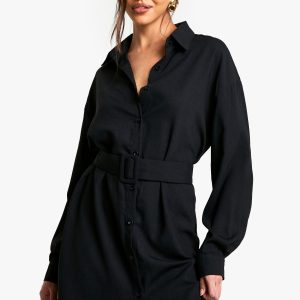 Belted Button-Down Long Sleeve Shirt Dress